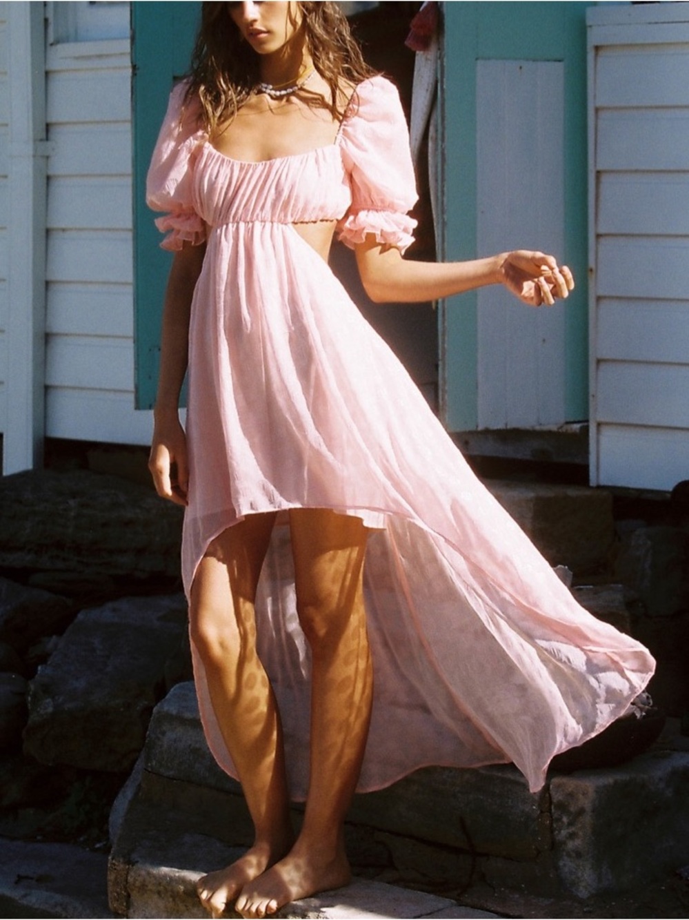 For Love & Lemons XS Pink Hampton Puff Sleeve Cutouts Back Maxi Dress